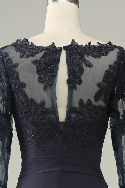Asymmetric navy blue long sleeved bridal mother dress