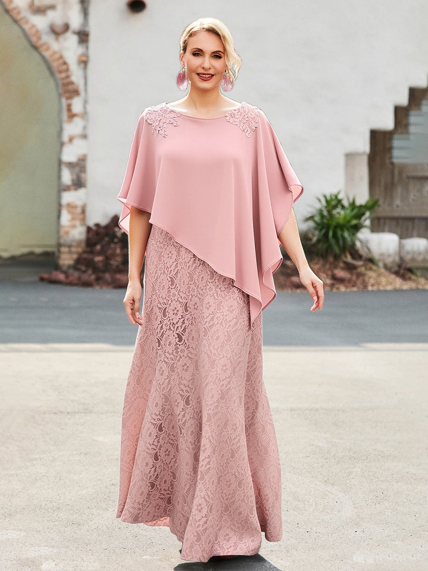 Elegant Scoop Cape Chiffon Lace A-Line Long Dress Dusty Rose