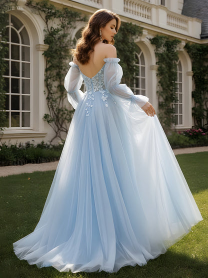 3D Floral Applique Off-Shoulder Tulle Gown Sky Blue