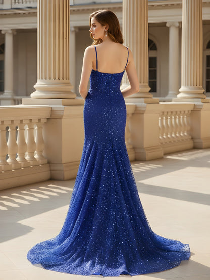 Sparkling Sequin Corset Bodice Mermaid Gown Royal Blue