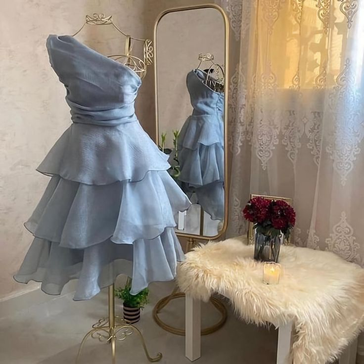 Elegant One Shoulder Blue Layered Homecoming Dress Mini Party Gown  cc1718