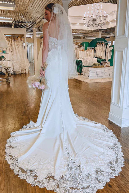 Aimishang Elegant White Lace Strapless Mermaid Long Wedding Dress