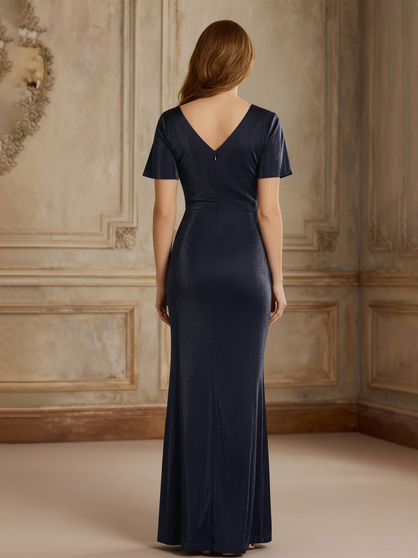 Sheath Scoop Neck Keyhole Shimmer Knit Long Dress Dark Navy