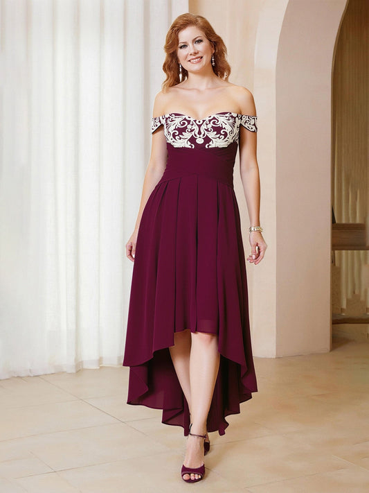 A-Line Lace Off-the-Shoulder Chiffon Asymmetrical Dress Burgundy