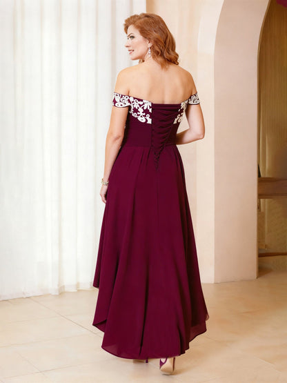 A-Line Lace Off-the-Shoulder Chiffon Asymmetrical Dress Burgundy