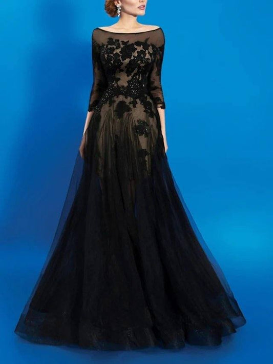 A-Line Beautiful Back Floral Engagement Formal Evening Dress Jewel Neck 3/4 Length Sleeve Floor Length Tulle with Appliques - RongMoon