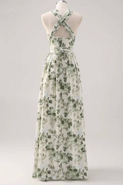 Asymmetrical Straps Green Floral Print Corset A-Line Prom Dress