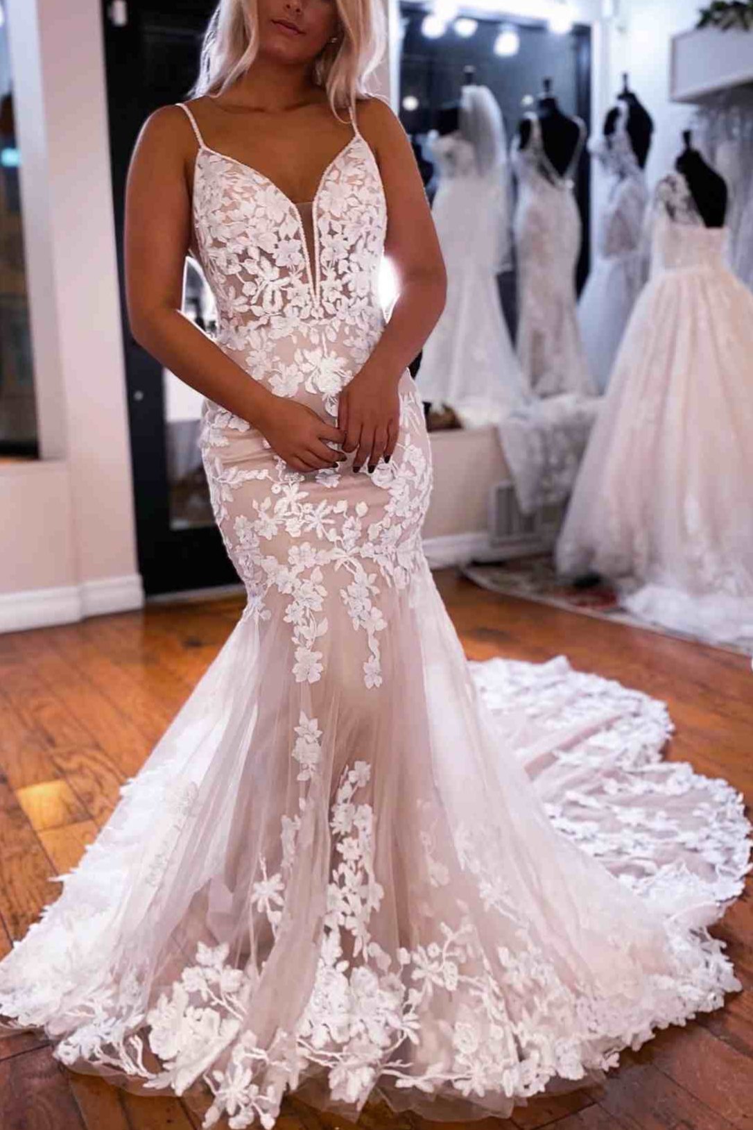 Boho Lace Appliques Spaghetti Straps Backless Mermaid Wedding Dress