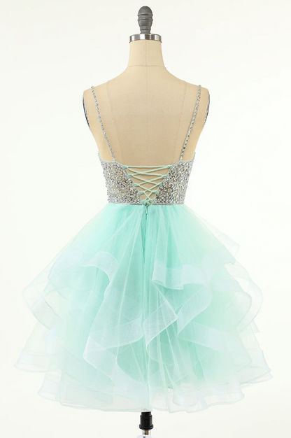 Coral Plunge V Multi-Layer Beaded Short Homecoming Dress