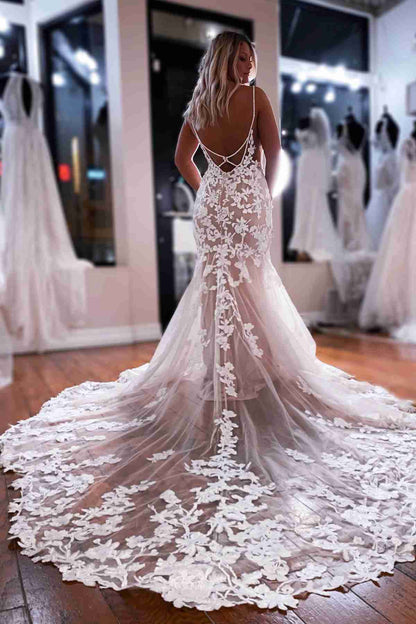 Boho Lace Appliques Spaghetti Straps Backless Mermaid Wedding Dress