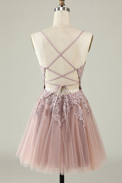 Dusty Blue Tulle V-Neck Lace-Up A-Line Homecoming Dress
