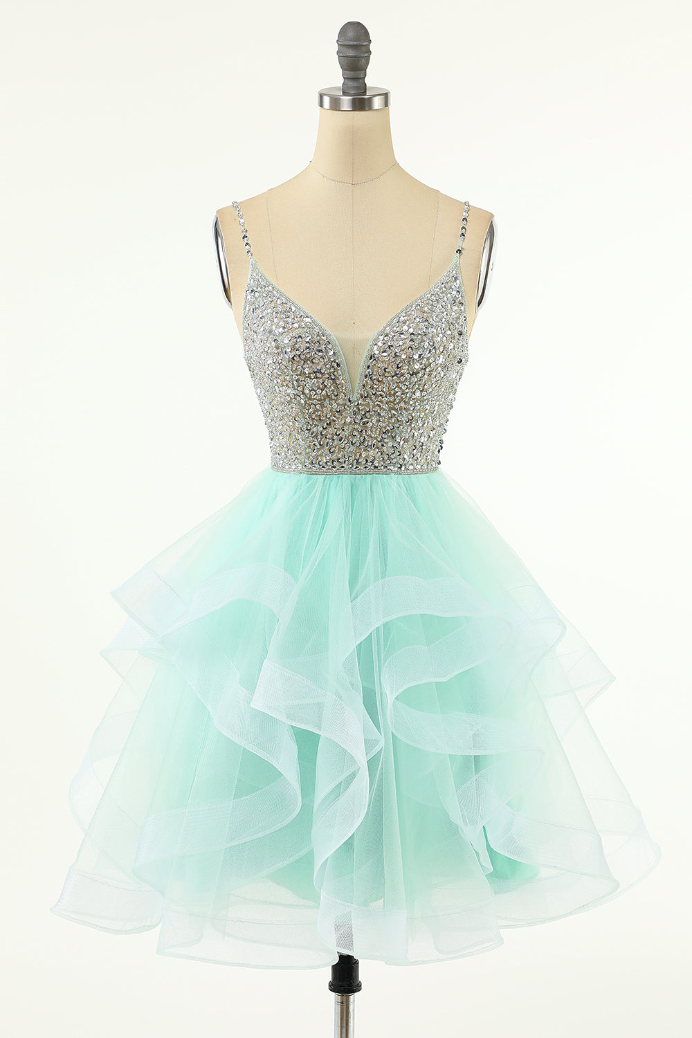 Coral Plunge V Multi-Layer Beaded Short Homecoming Dress