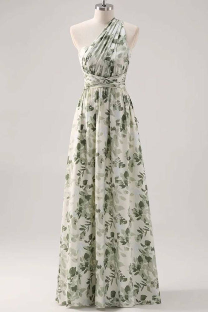 Asymmetrical Straps Green Floral Print Corset A-Line Prom Dress