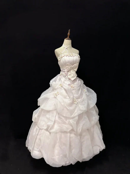 Elegant Light Pink Strapless Satin Sweet 16 Quinceanera A-Line Evening Dress Ball Gown HZ1024