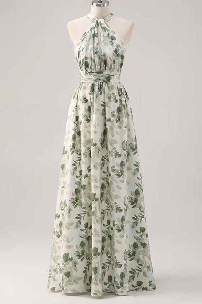 Asymmetrical Straps Green Floral Print Corset A-Line Prom Dress