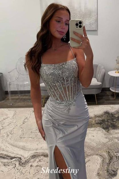 Luxury Sequin Red Mermaid Pleated Slit Prom Dress with Spaghetti Straps