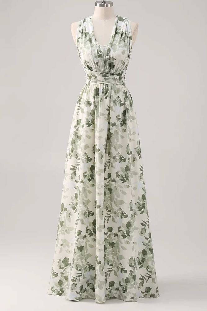 Asymmetrical Straps Green Floral Print Corset A-Line Prom Dress
