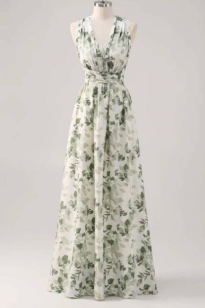 Asymmetrical Straps Green Floral Print Corset A-Line Prom Dress