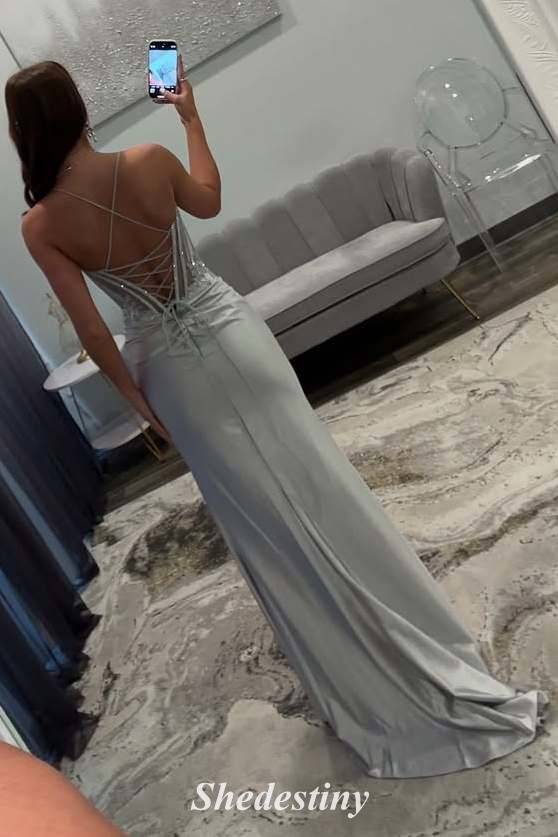 Luxury Sequin Red Mermaid Pleated Slit Prom Dress with Spaghetti Straps