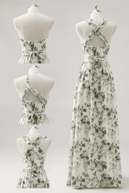 Asymmetrical Straps Green Floral Print Corset A-Line Prom Dress