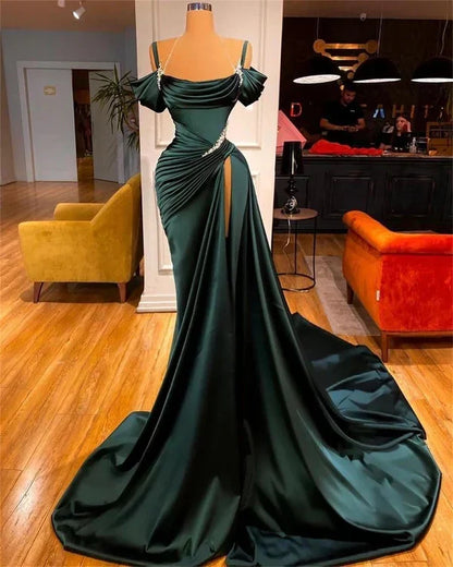 Elegant Mermaid Spaghetti Strap Prom Dress Pleated High Slit Evening Gown Party Dress Long Formal Dress HZ1024
