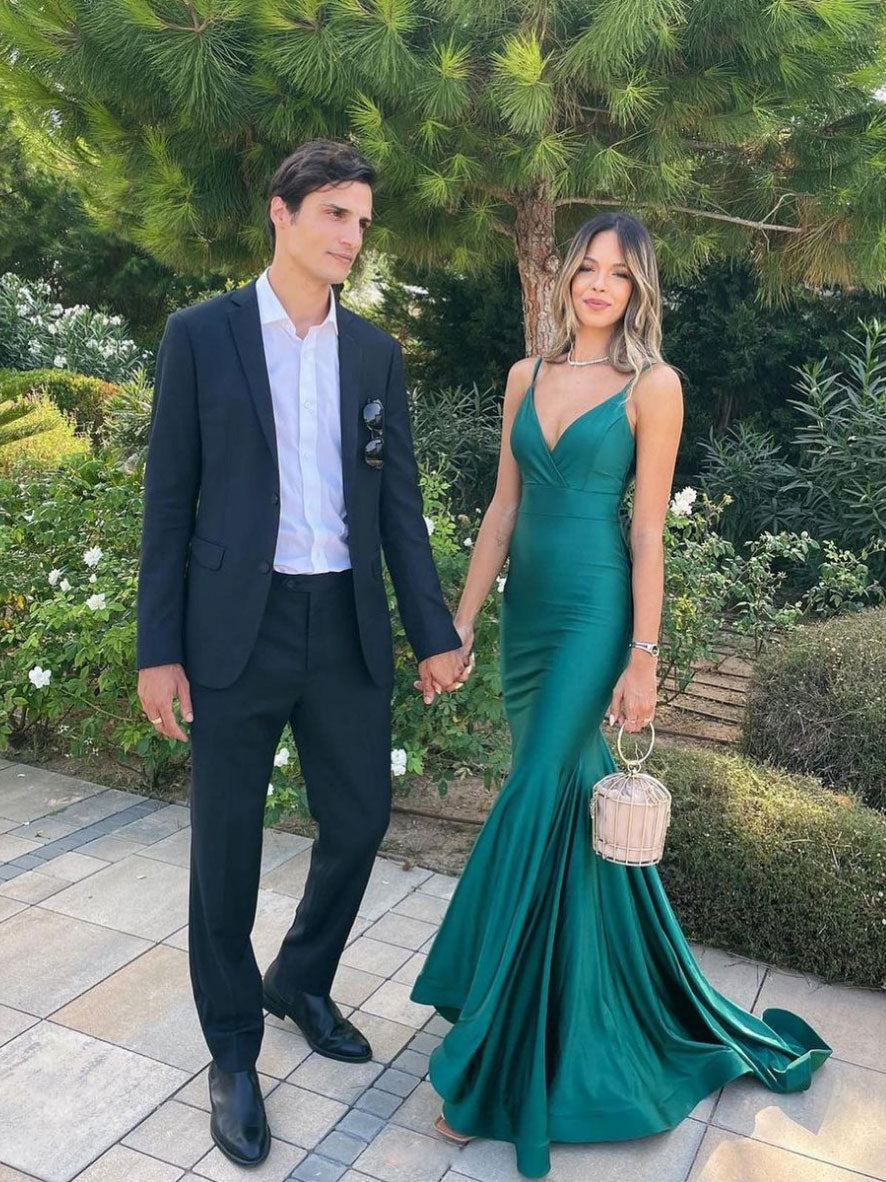 Simple v neck green mermaid long prom dress, green bridesmaid dress