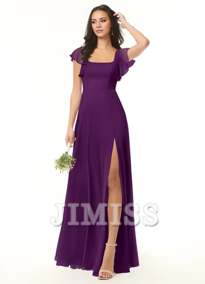 A-line pleated chiffon backless side slit and floor length bridesmaid dress - Jimiss Dress