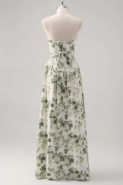 Asymmetrical Straps Green Floral Print Corset A-Line Prom Dress