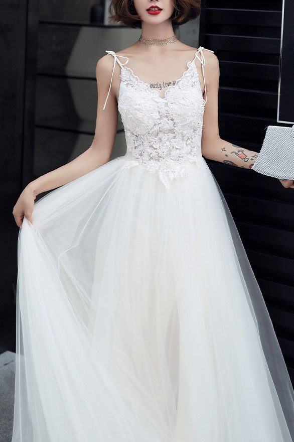 White lace tulle long prom dress white tulle lone evening dress