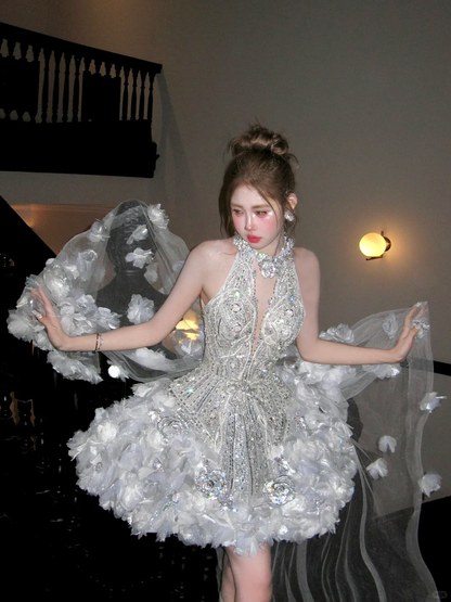 Gorgeous Glittering Silvery Beaded Sequined A-Line Halter Dress Design Party Dress Homecoming Dress HZ1024