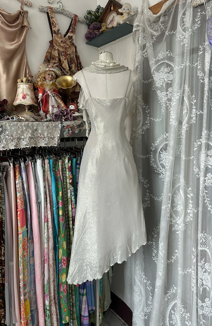 Vintage Silvery Irregular Hem Design A-Line Spaghetti Strap Prom Dress Evening Dress HZ1024