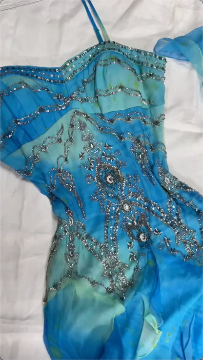 Vintage Blue Chiffon Prom Dress Sheath Ruffled Evening Dress Fairy Dress HZ1024