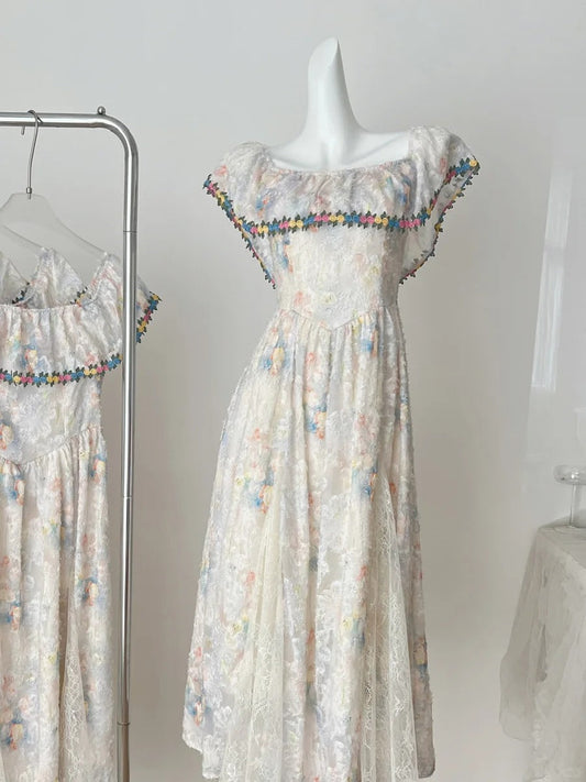 Vintage A-line Colorful Floral Lace Long Prom Dress Evening Dress cc5272