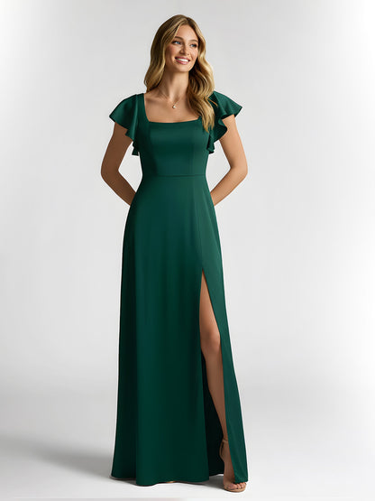 Chiffon Square Neck Flutter Sleeves Dresses With Slit Dark Green