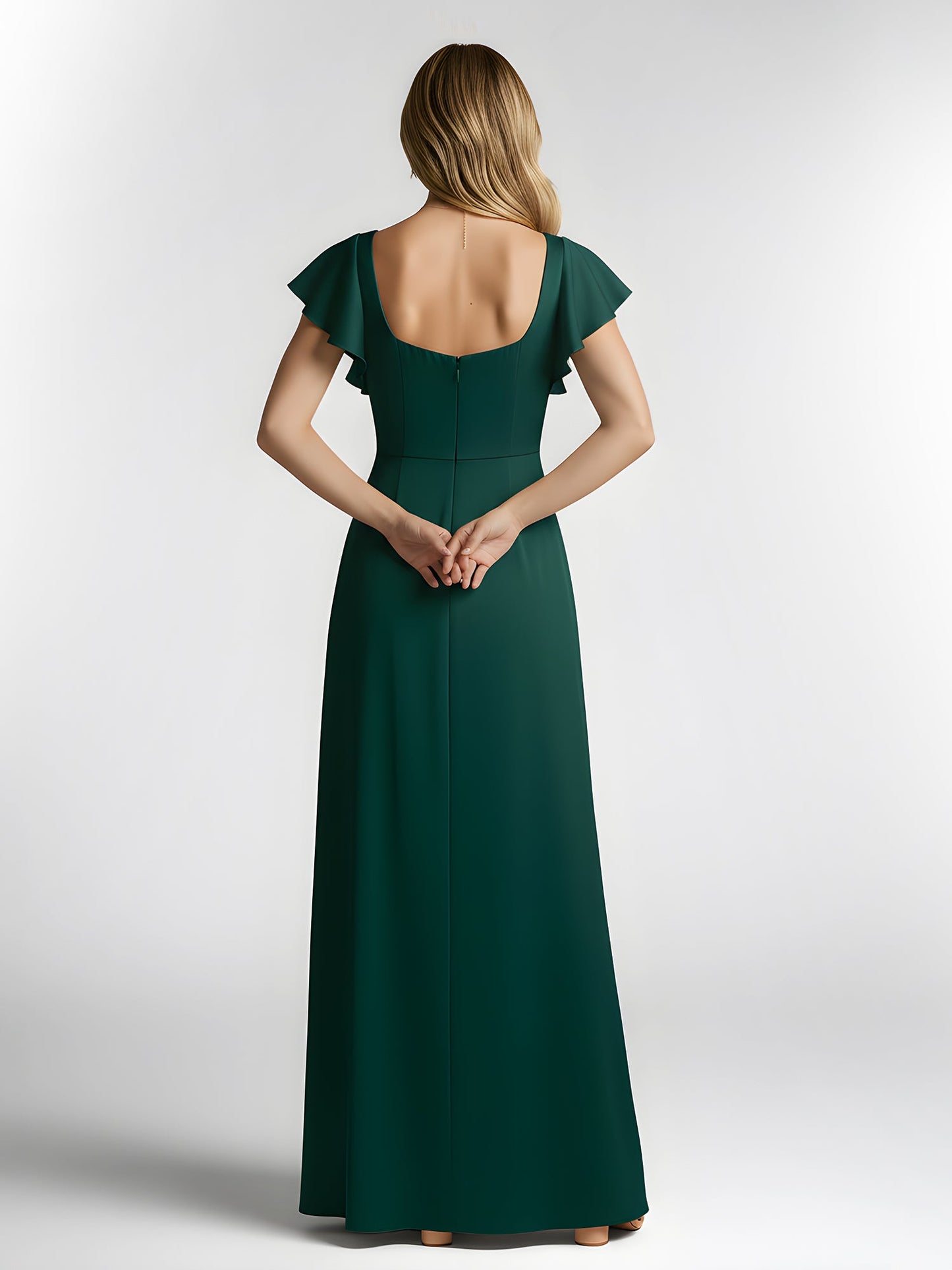 Chiffon Square Neck Flutter Sleeves Dresses With Slit Dark Green