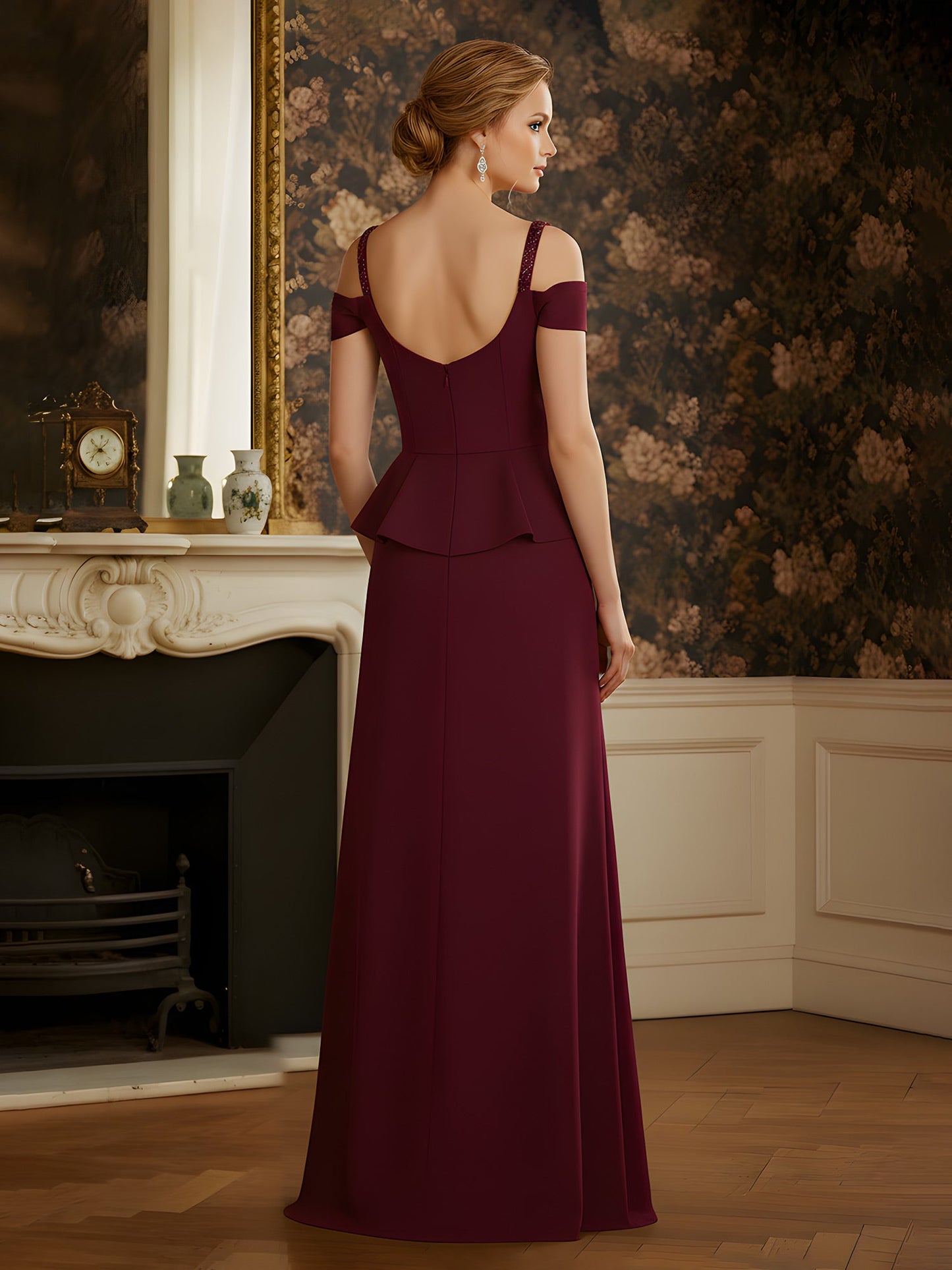 A-Line Off-the-Shoulder Chiffon Floor-Length Dress Burgundy