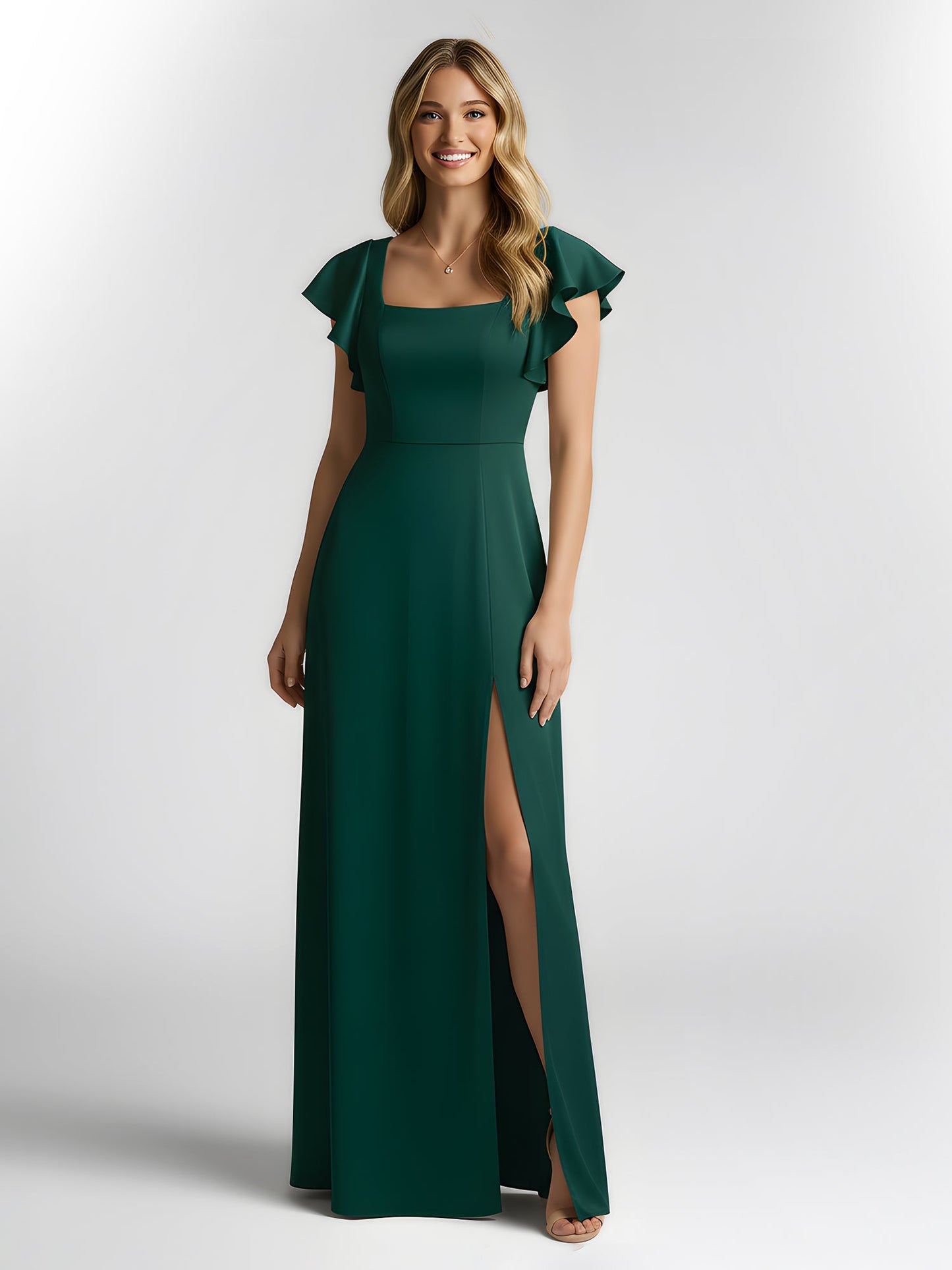Chiffon Square Neck Flutter Sleeves Dresses With Slit Dark Green
