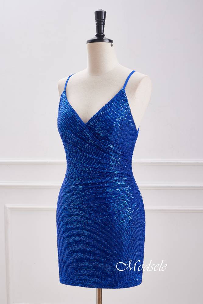 Spaghetti Straps Royal Blue Sequin Homecoming Dress