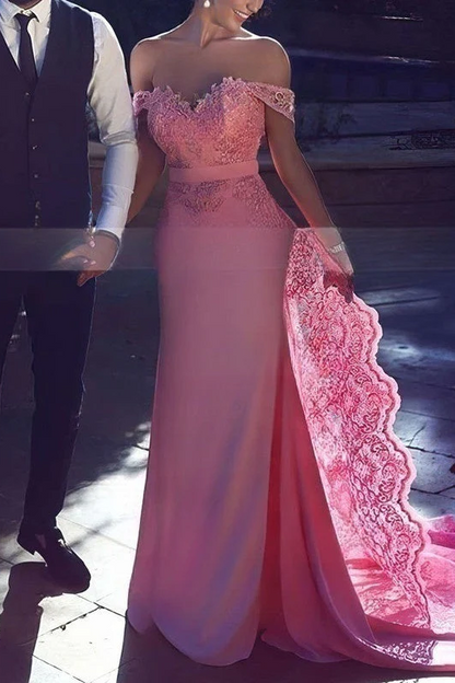 Pink Off-Shoulder 3D Floral Pleated Satin Long Formal Prom Dress