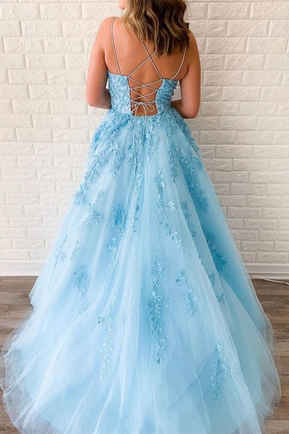Princess Scoop Neck Lace Appliques A-line Empire-Waist Long Formal Dress