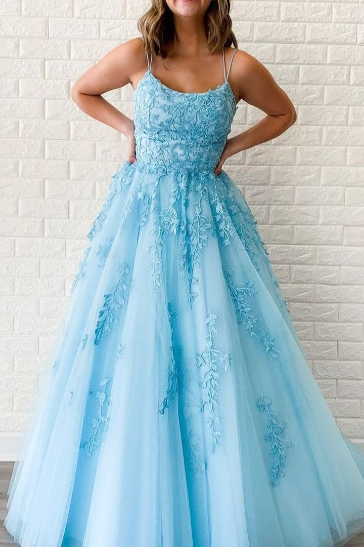 Princess Scoop Neck Lace Appliques A-line Empire-Waist Long Formal Dress