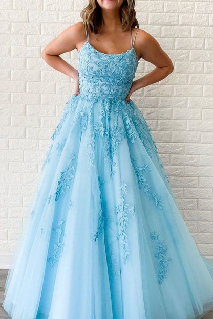 Princess Scoop Neck Lace Appliques A-line Empire-Waist Long Formal Dress
