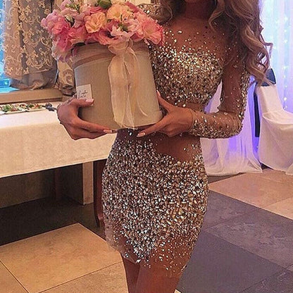 Sheer Homecoming Dresses Beaded Long Sleeves