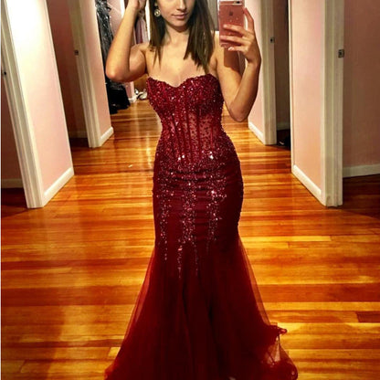 Luxury Sequins Beading Corset Sweetheart Mermaid Evening Gowns
