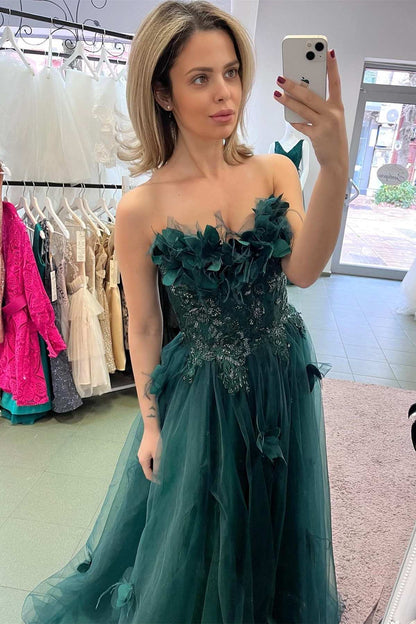 Strapless Hunter Green 3D Floral Lace A-Line Prom Dress with Slit