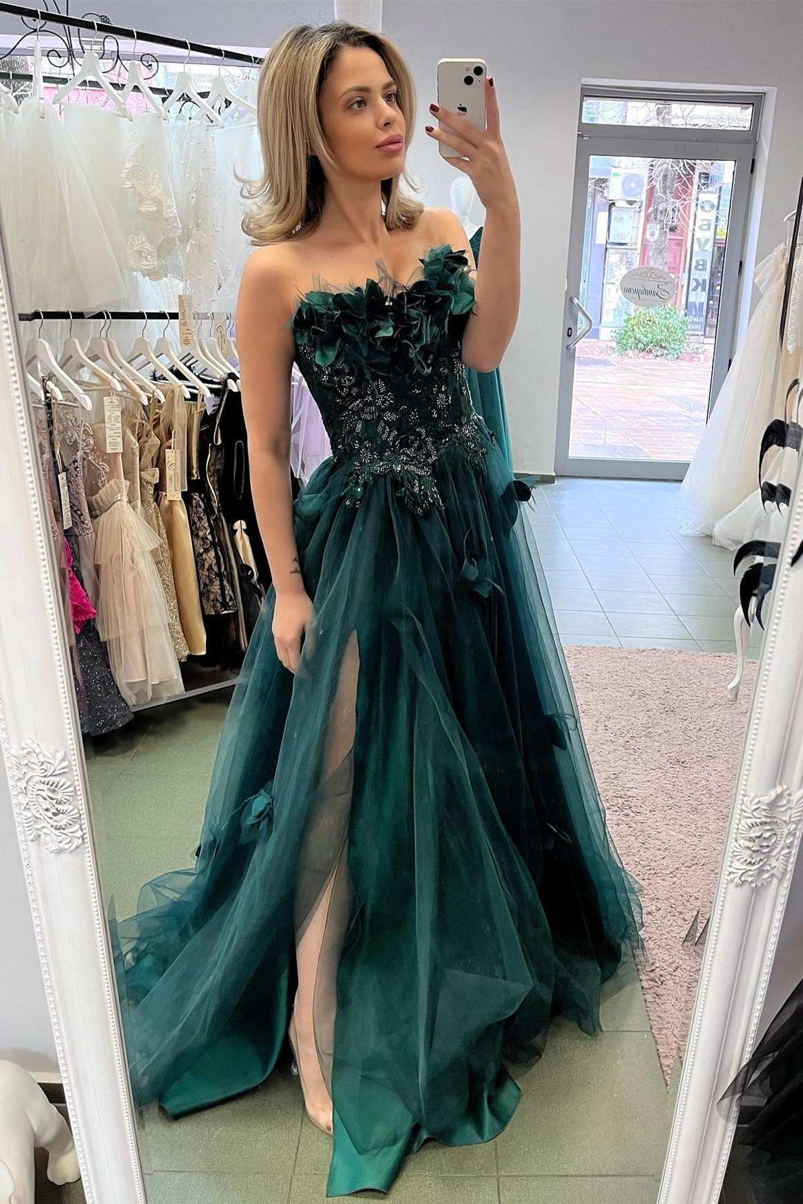 Strapless Hunter Green 3D Floral Lace A-Line Prom Dress with Slit