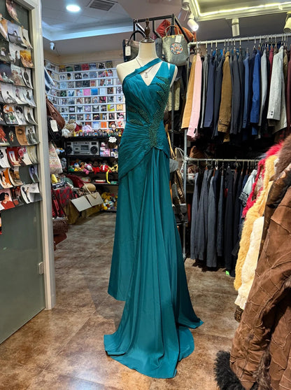 Elegant Peacock Green One-Shoulder Pearl Ribbon Satin Long Prom Dress Evening Dress cc5313