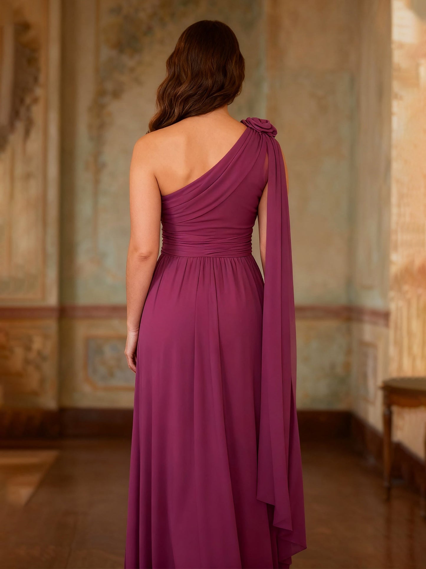 Floral One Shoulder Pleated A-Line Chiffon Long Dress Orchid