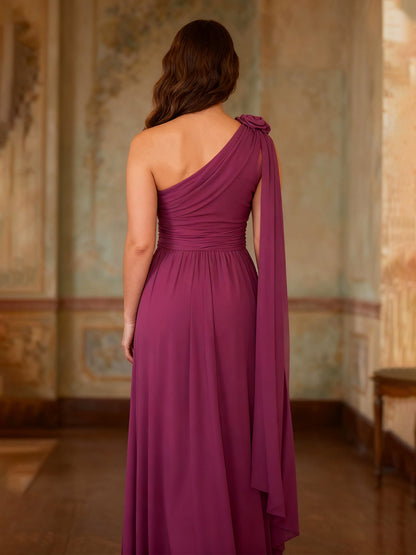 Floral One Shoulder Pleated A-Line Chiffon Long Dress Orchid
