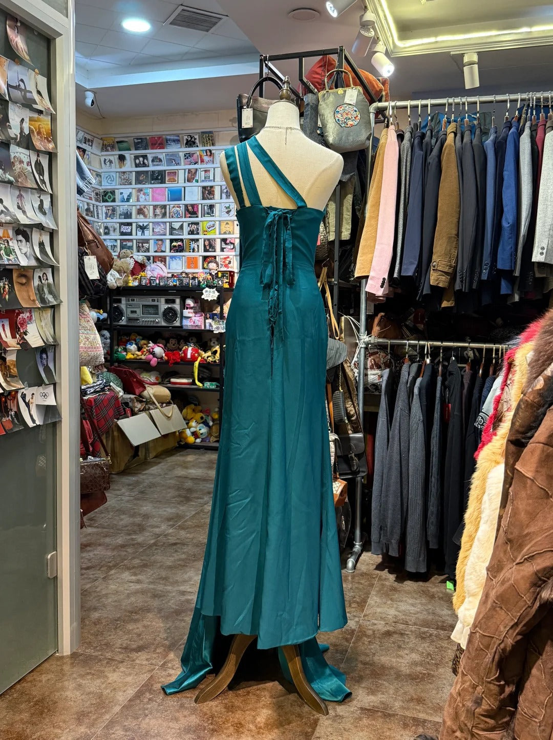 Elegant Peacock Green One-Shoulder Pearl Ribbon Satin Long Prom Dress Evening Dress cc5313